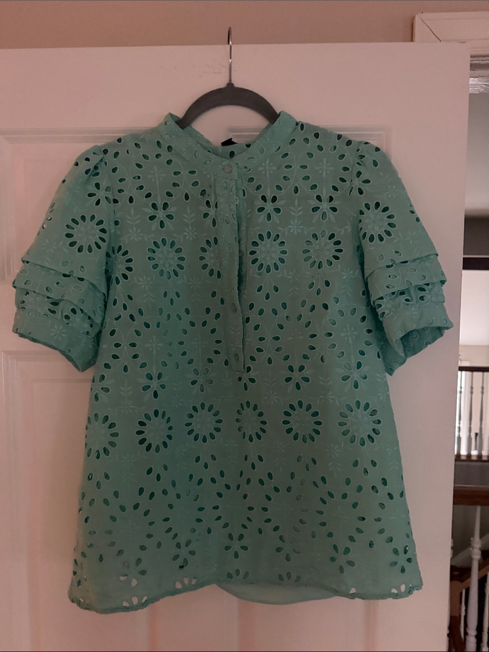 J. Crew Mint Green Eyelet Cutout Short-Sleeve Blouse
